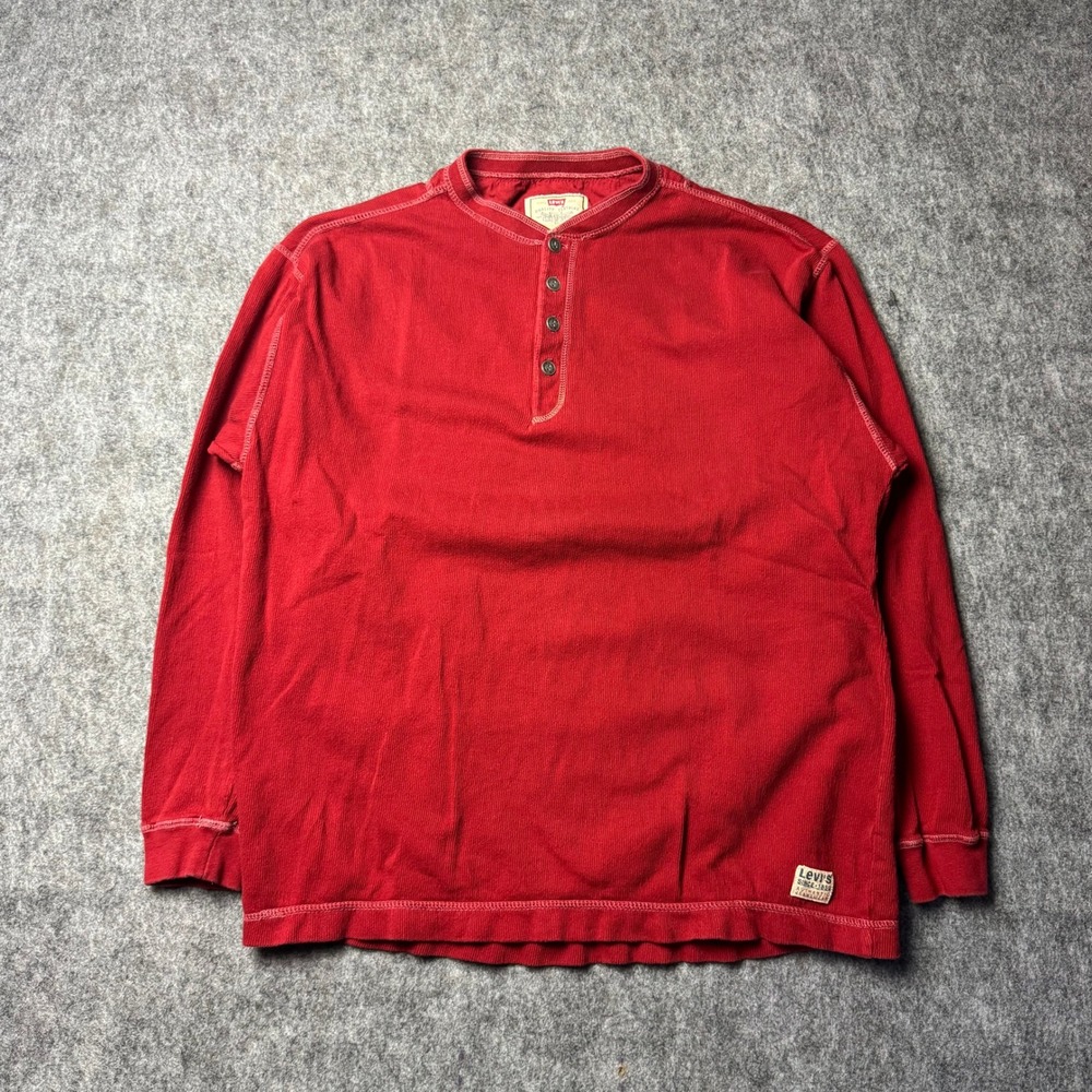 Vintage Levi's Thermal Henley Shirt Red Long Sleeve Waffle Knit 90s Y2K XL